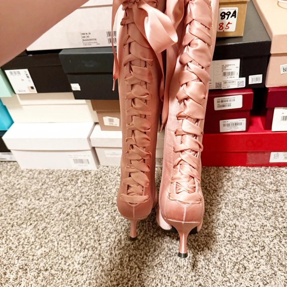 Jeffery Campbell Leggy Boot in Pink Satin Lace Up Corset Revolve Size 8.5 - Picture 13 of 14